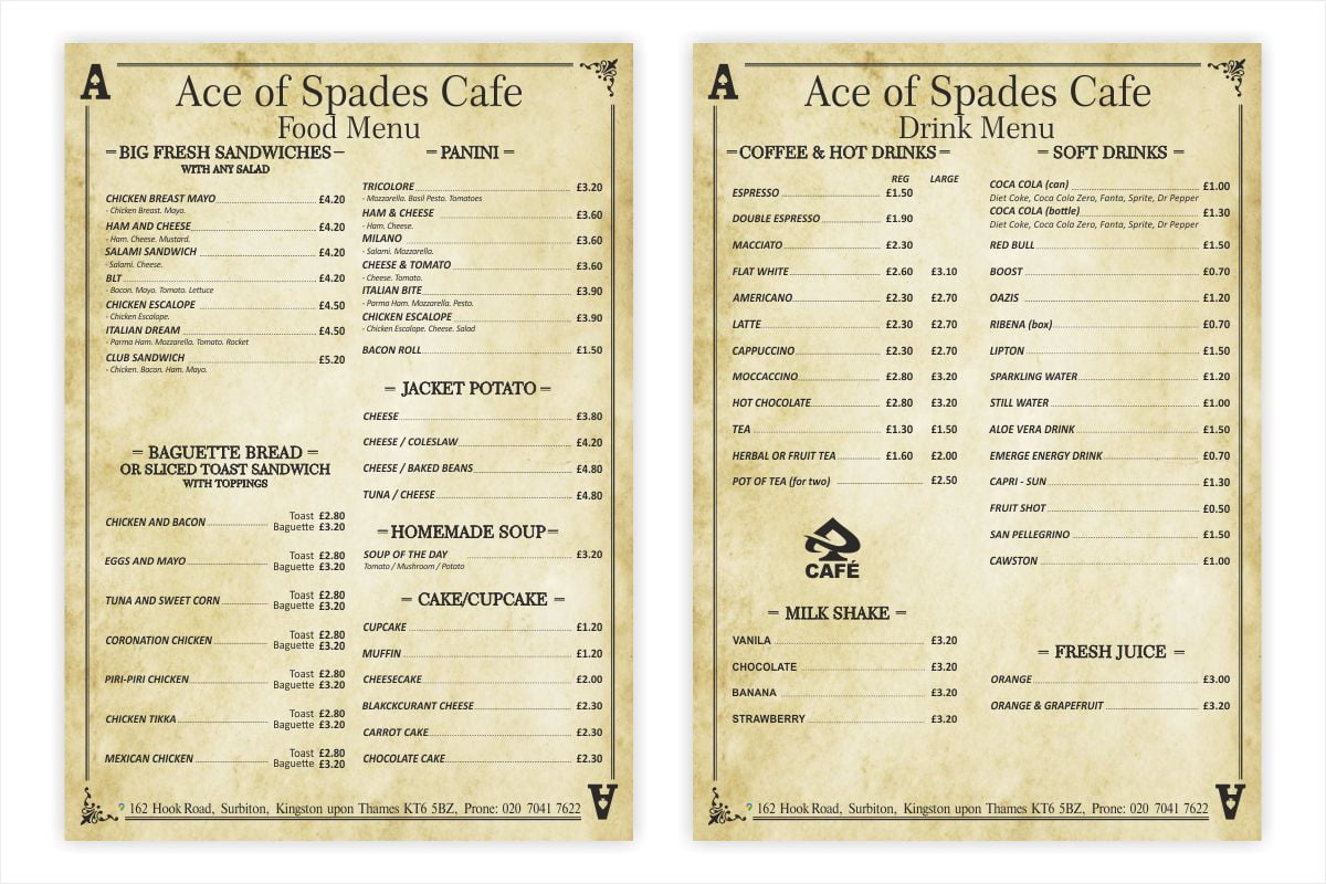 Ace of spades Menu Ace of spades Menu